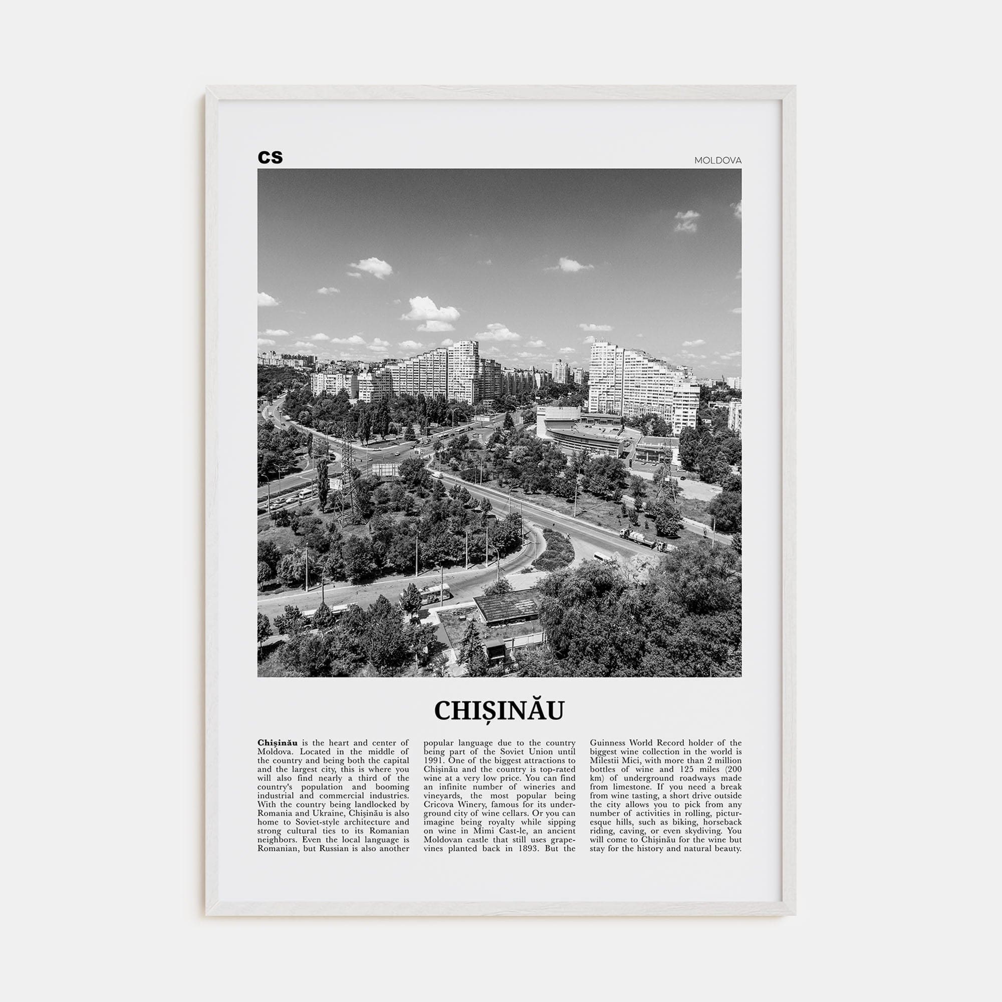 Chișinău Poster White Wood / 8x12 in Nbourhood Travel B&W Poster