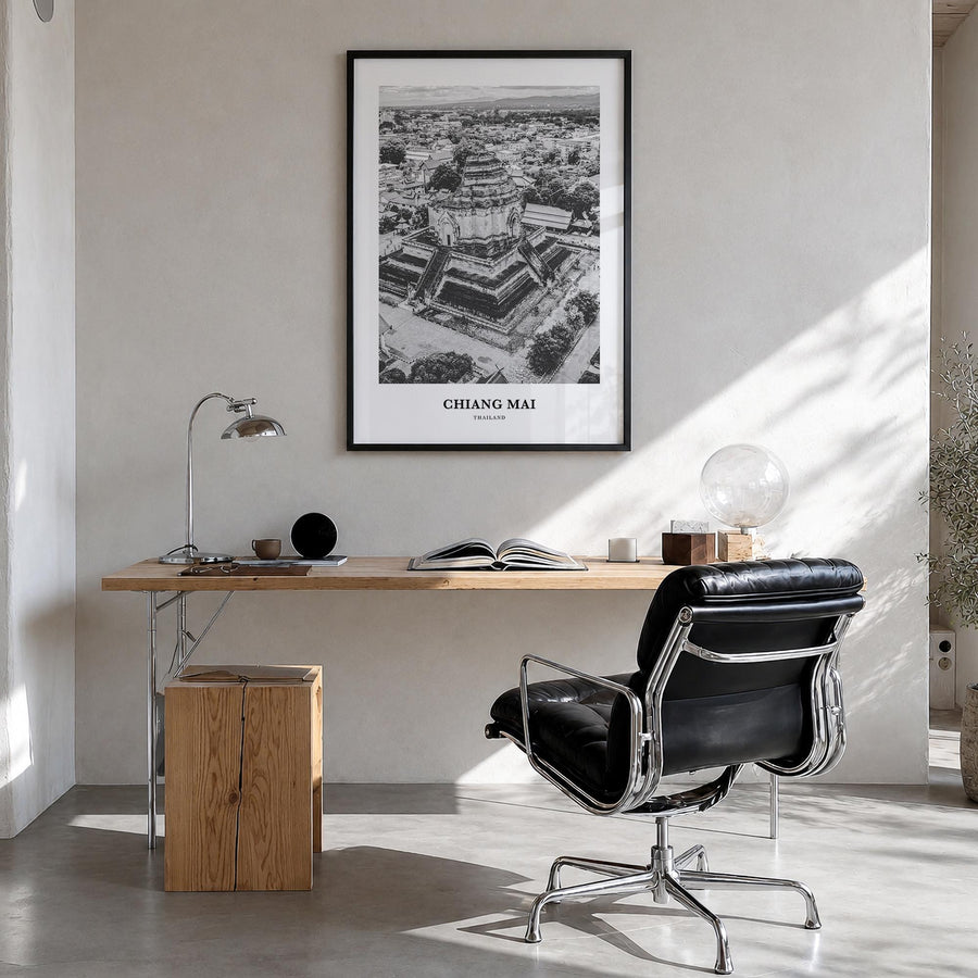 Chiang Mai black & white classic poster of Thailand – vertical wall art in black wood frame, hanging on wall
