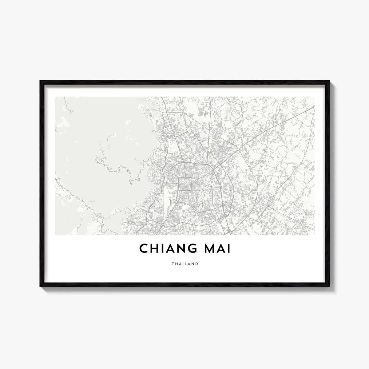 Chiang Mai black & white map poster of Thailand – horizontal wall art, unframed print shown in interior mockup