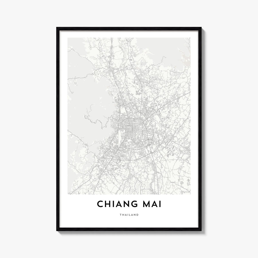 Chiang Mai black & white map poster of Thailand – vertical wall art, unframed print shown in interior mockup