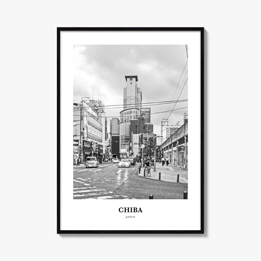 Chiba black & white classic poster of Japan – vertical wall art, unframed print shown in interior mockup