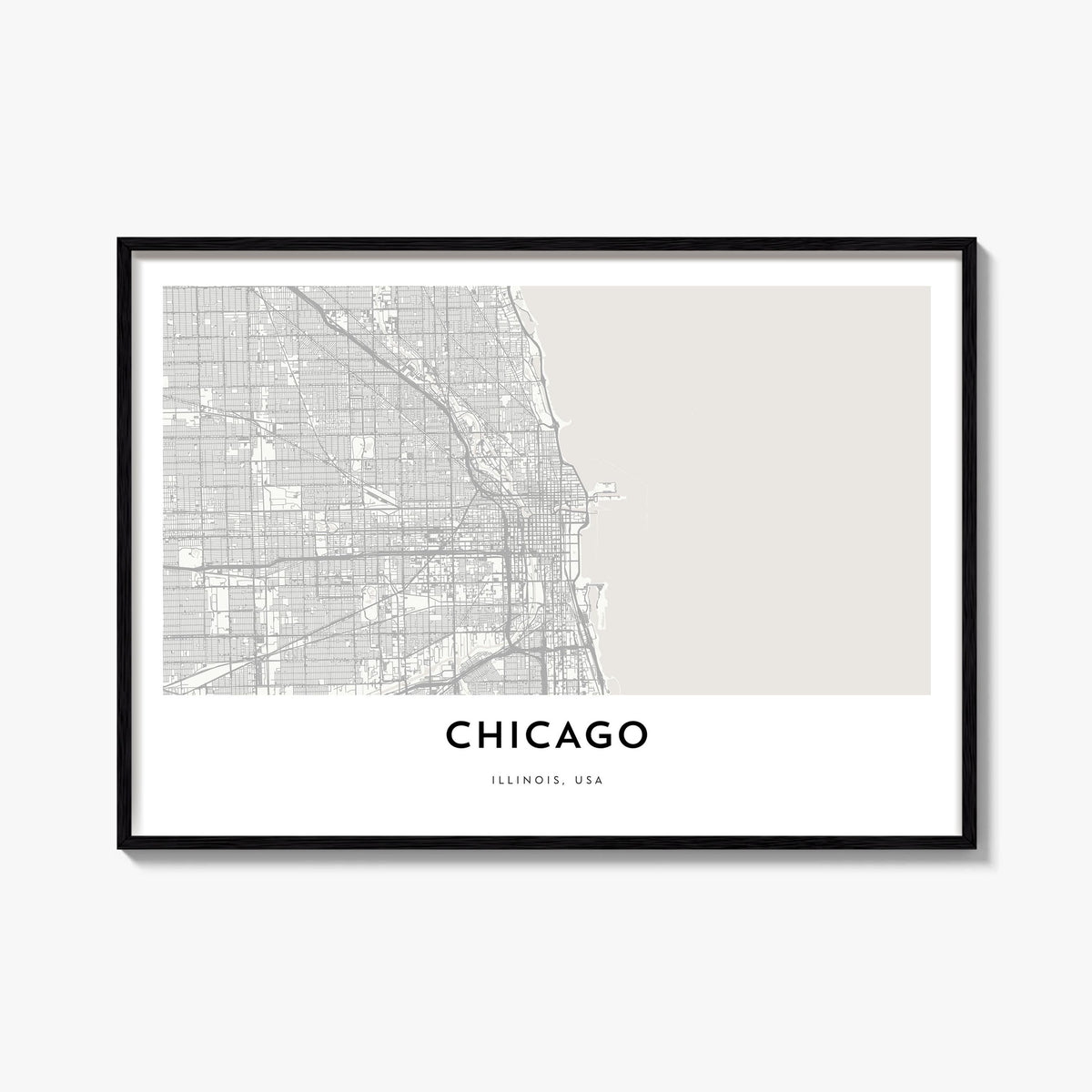 Chicago black & white map poster of Illinois, USA – horizontal wall art, unframed print shown in interior mockup