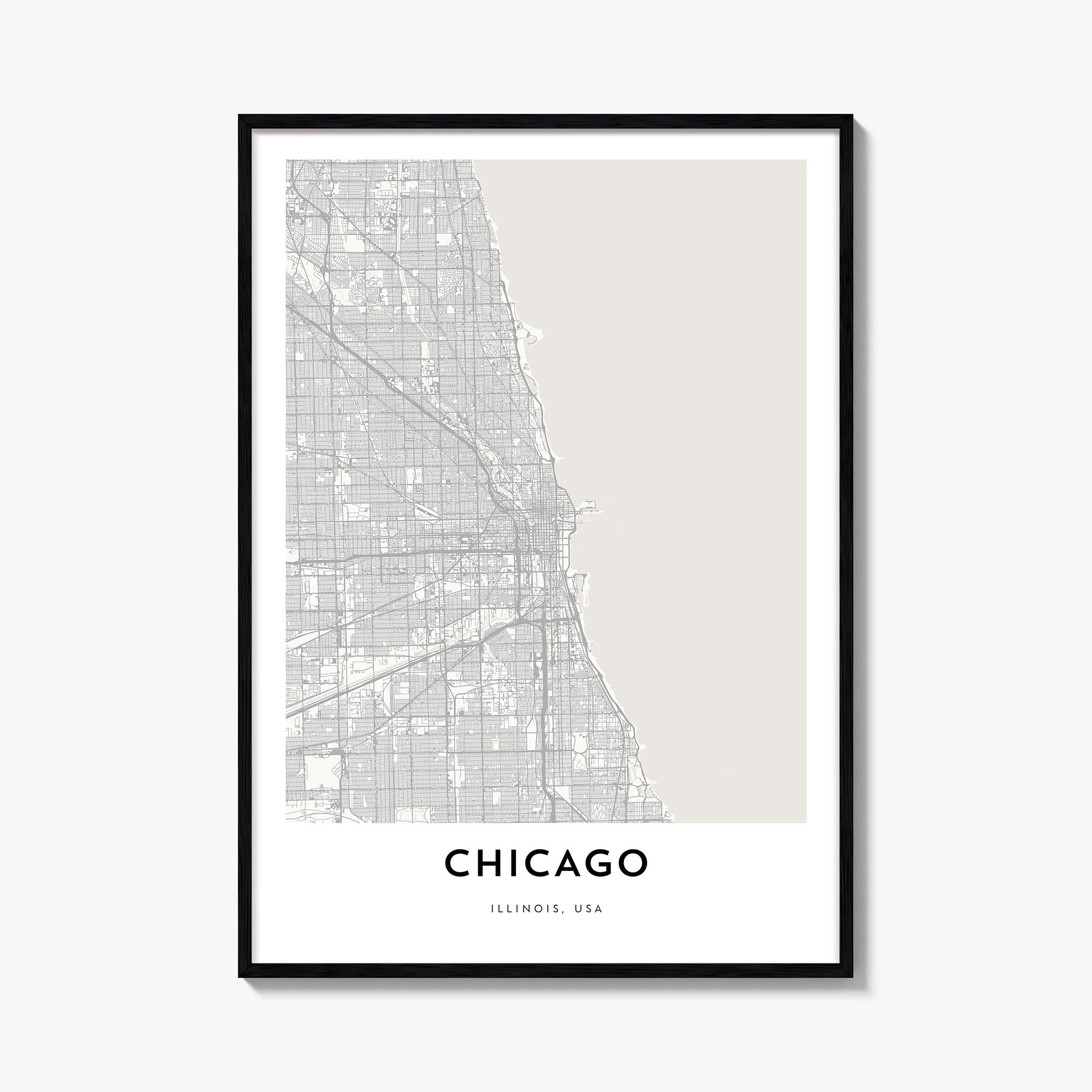 Chicago black & white map poster of Illinois, USA – vertical wall art, unframed print shown in interior mockup