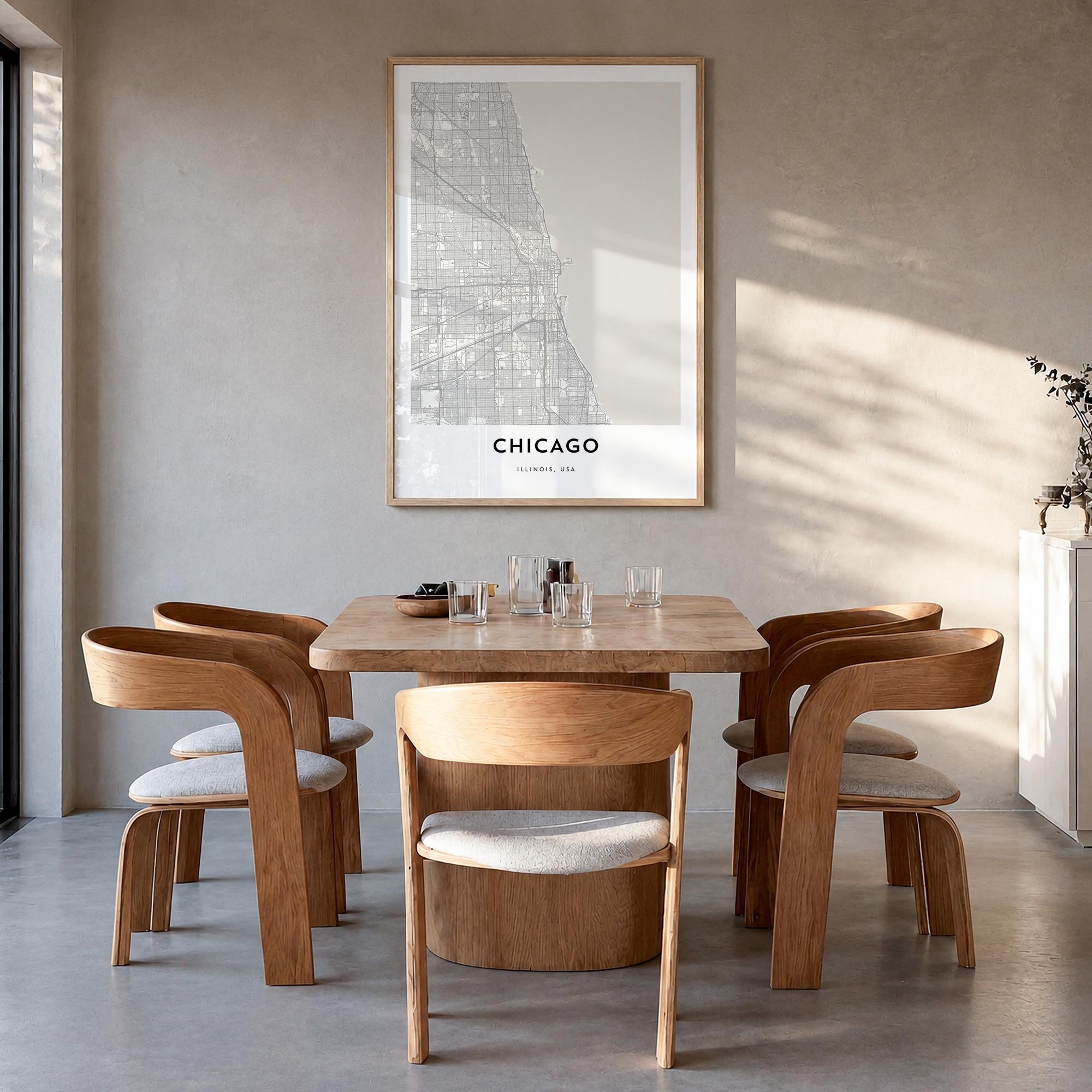 Chicago black & white map poster of Illinois, USA – vertical wall art in natural wood frame, hanging on wall