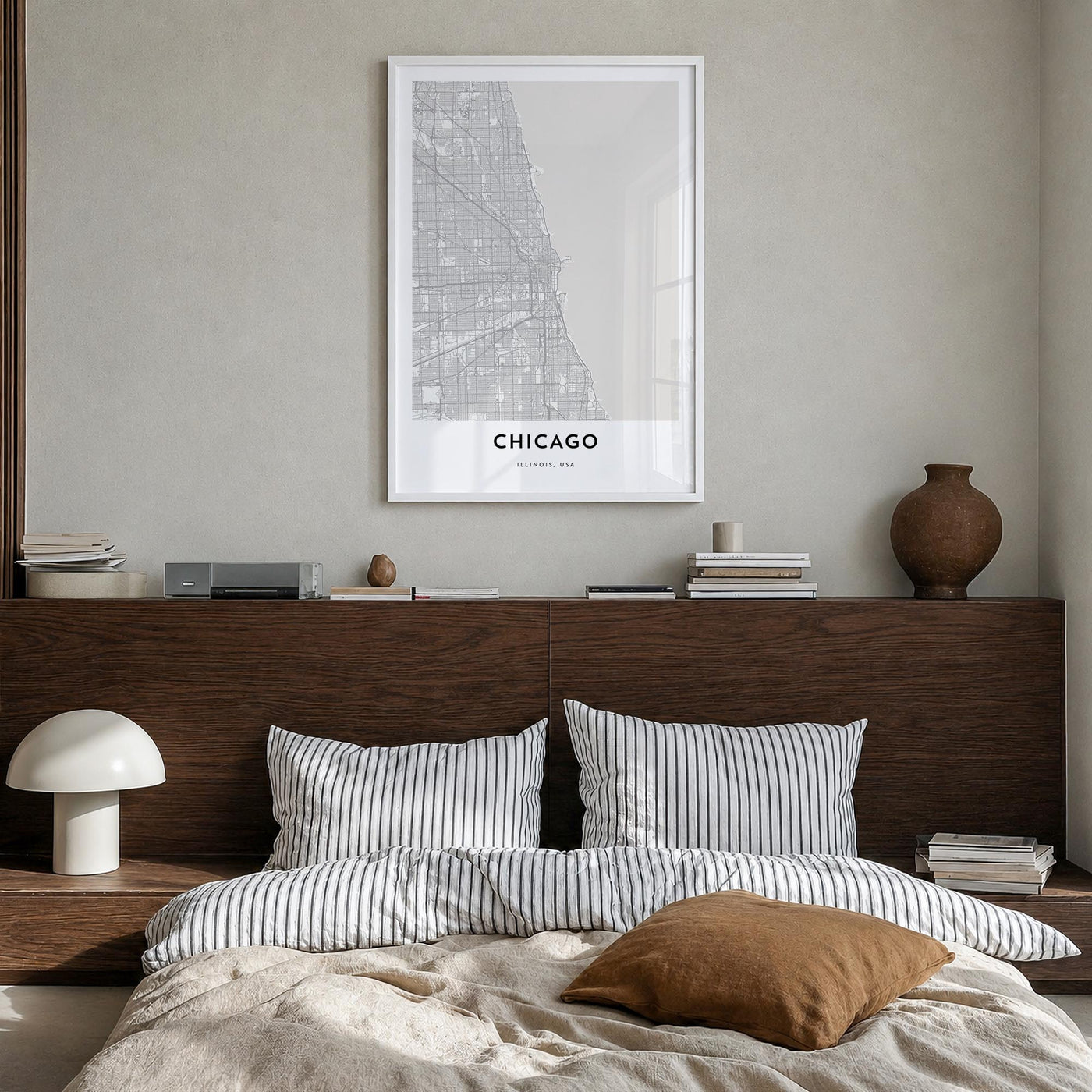 Chicago black & white map poster of Illinois, USA – vertical wall art in white wood frame, hanging on wall