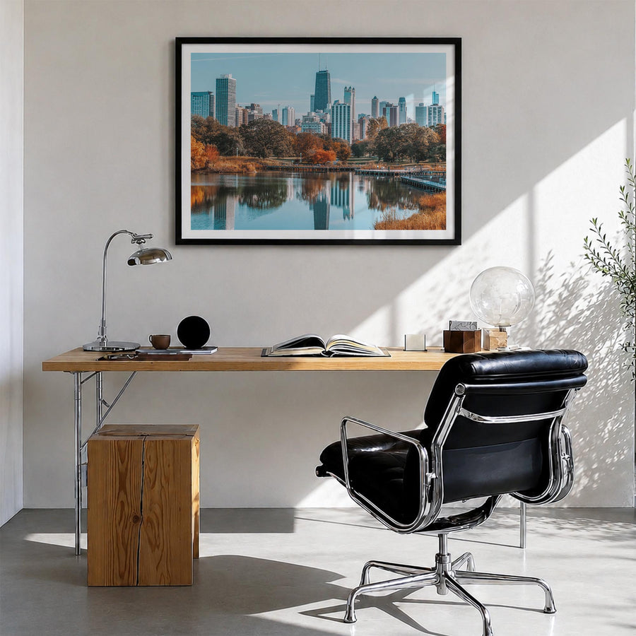 Chicago colorful photo poster of Illinois, USA – horizontal wall art in black wood frame with white border, hanging on wall