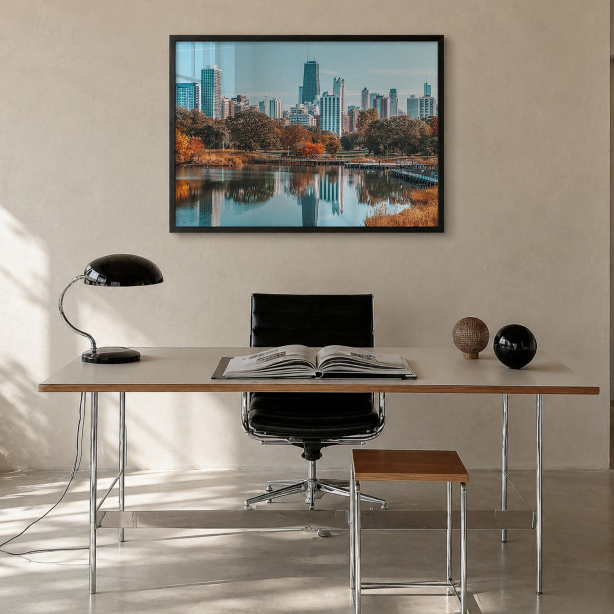 Chicago colorful photo poster of Illinois, USA – horizontal wall art in black wood frame, hanging on wall