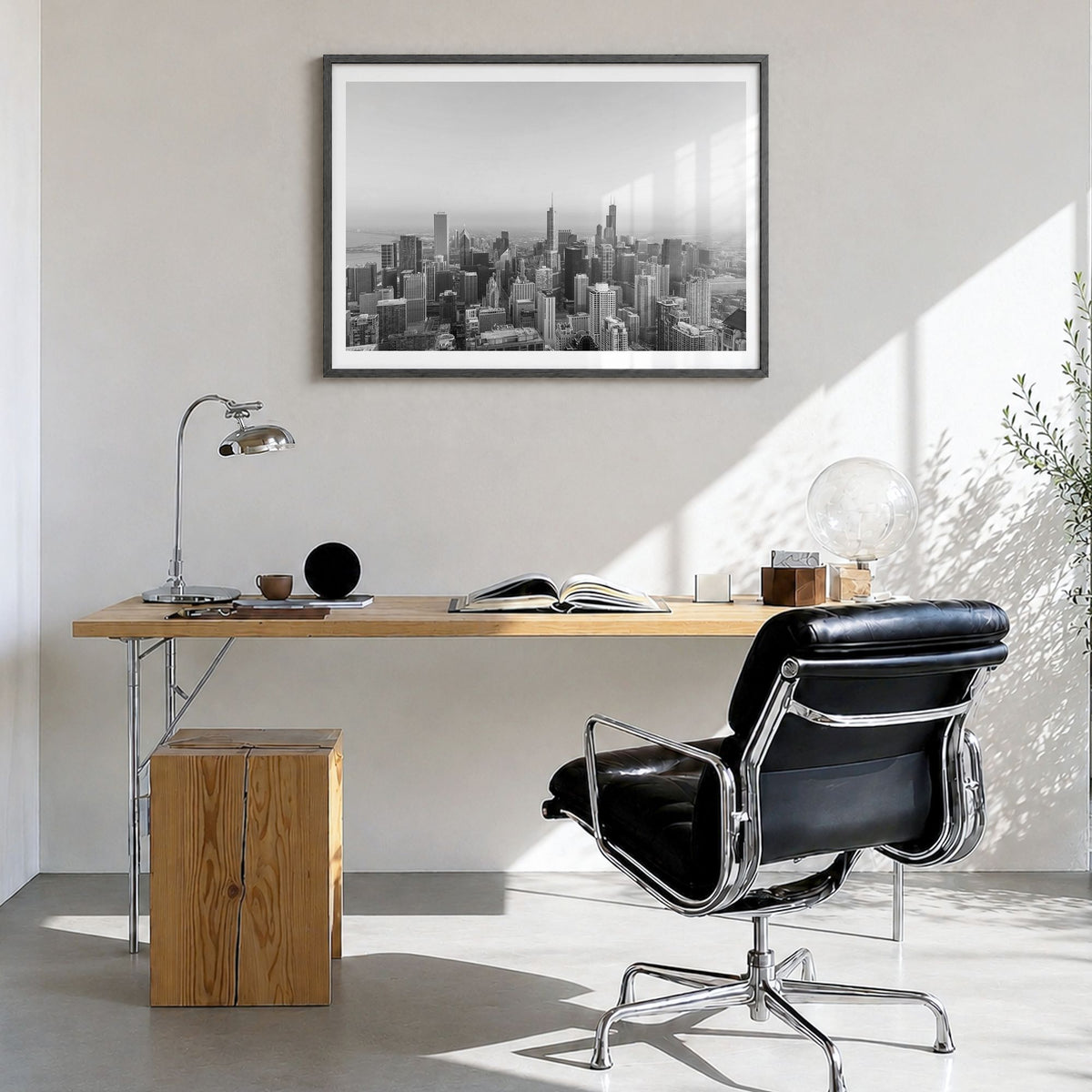 Chicago Photo No 1 Poster in a black wood frame, hanging in a bright home office, white border