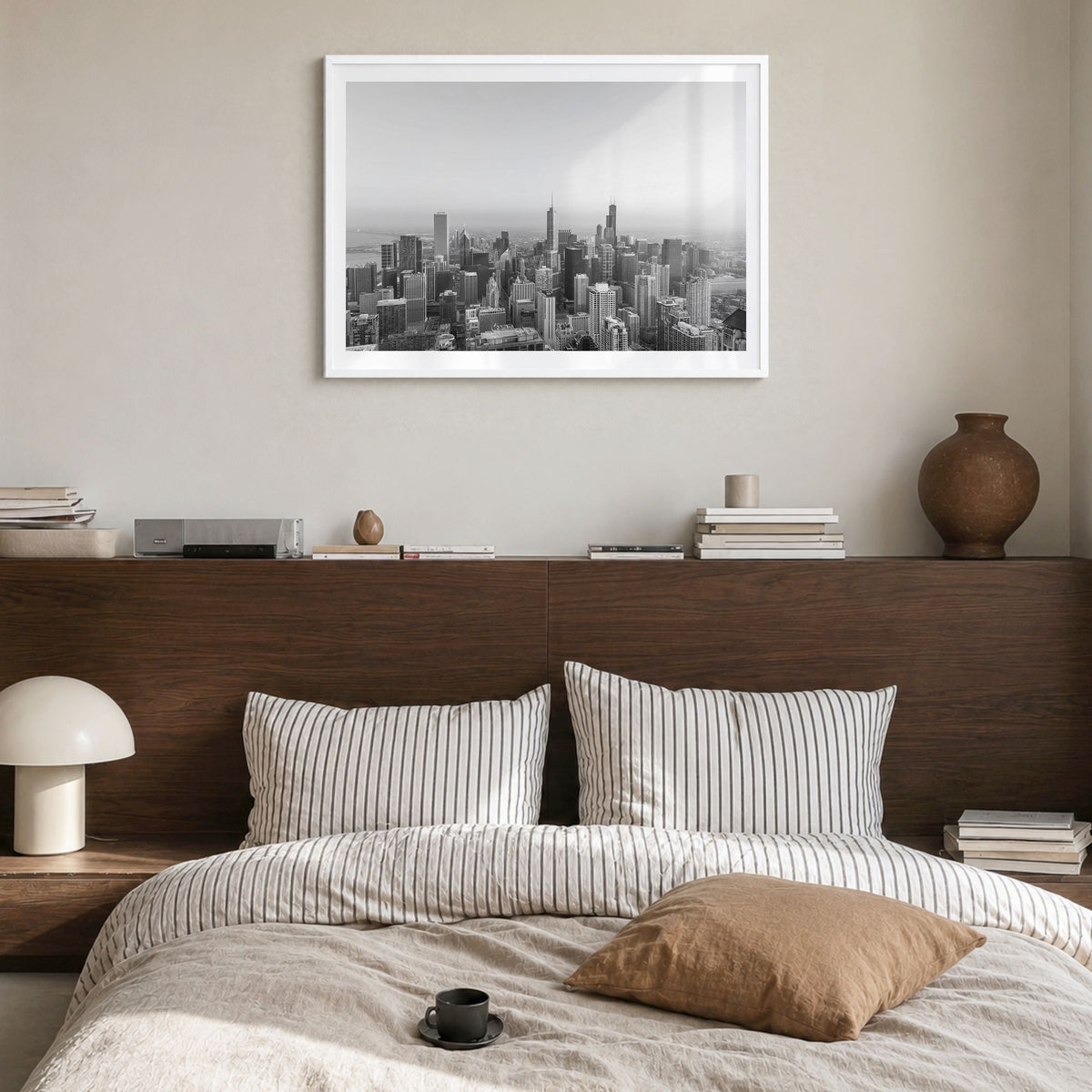 Chicago Photo No 1 Poster in a white wood frame, hanging in a bedroom, white border
