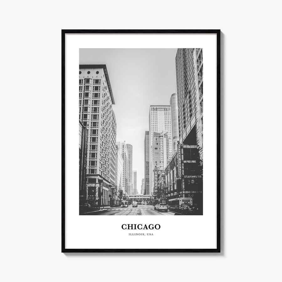 Chicago no. 1 black & white classic poster of Illinois, USA – vertical wall art, unframed print shown in interior mockup
