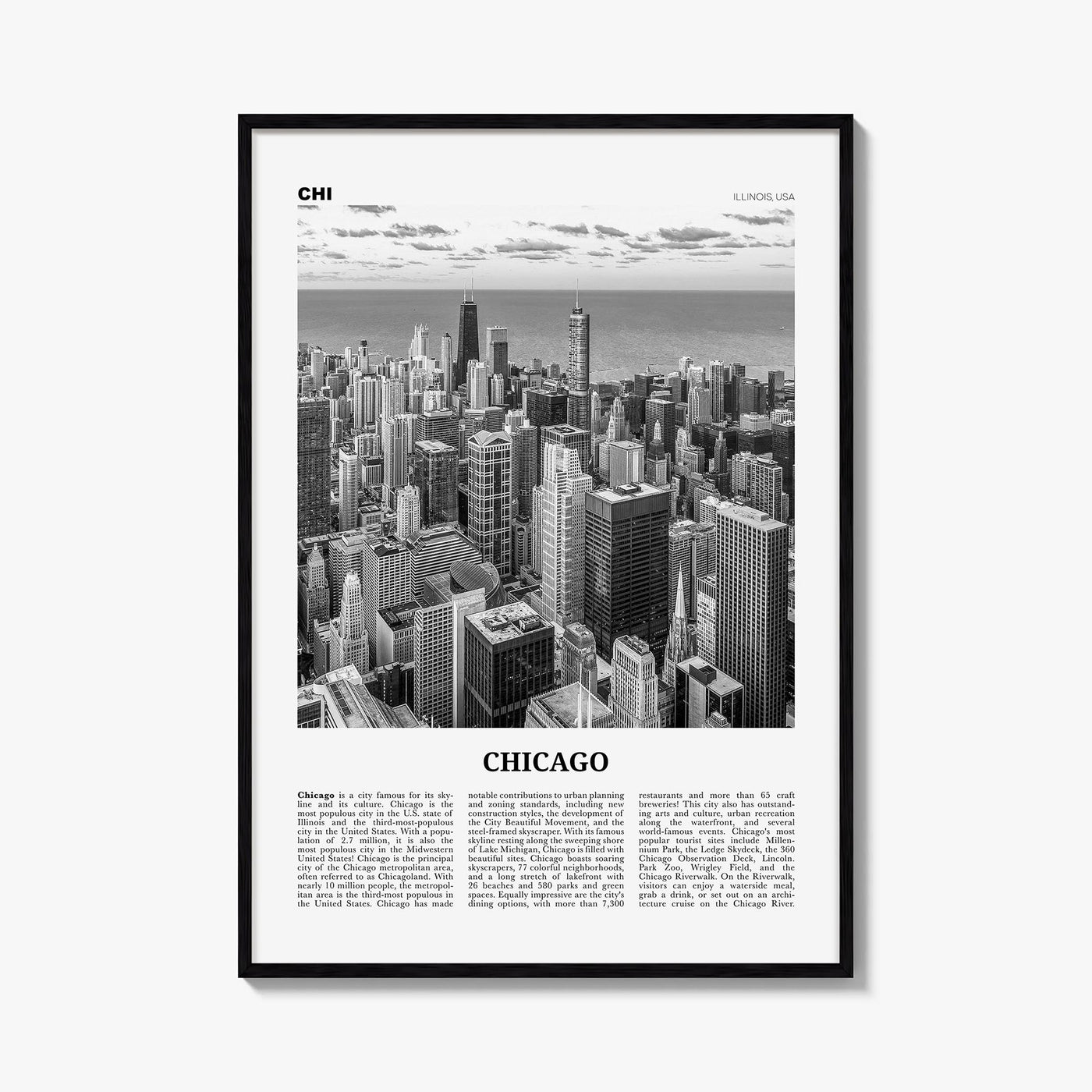 Chicago no. 1 black & white newspaper poster of Illinois, USA – vertical wall art, unframed print shown in interior mockup