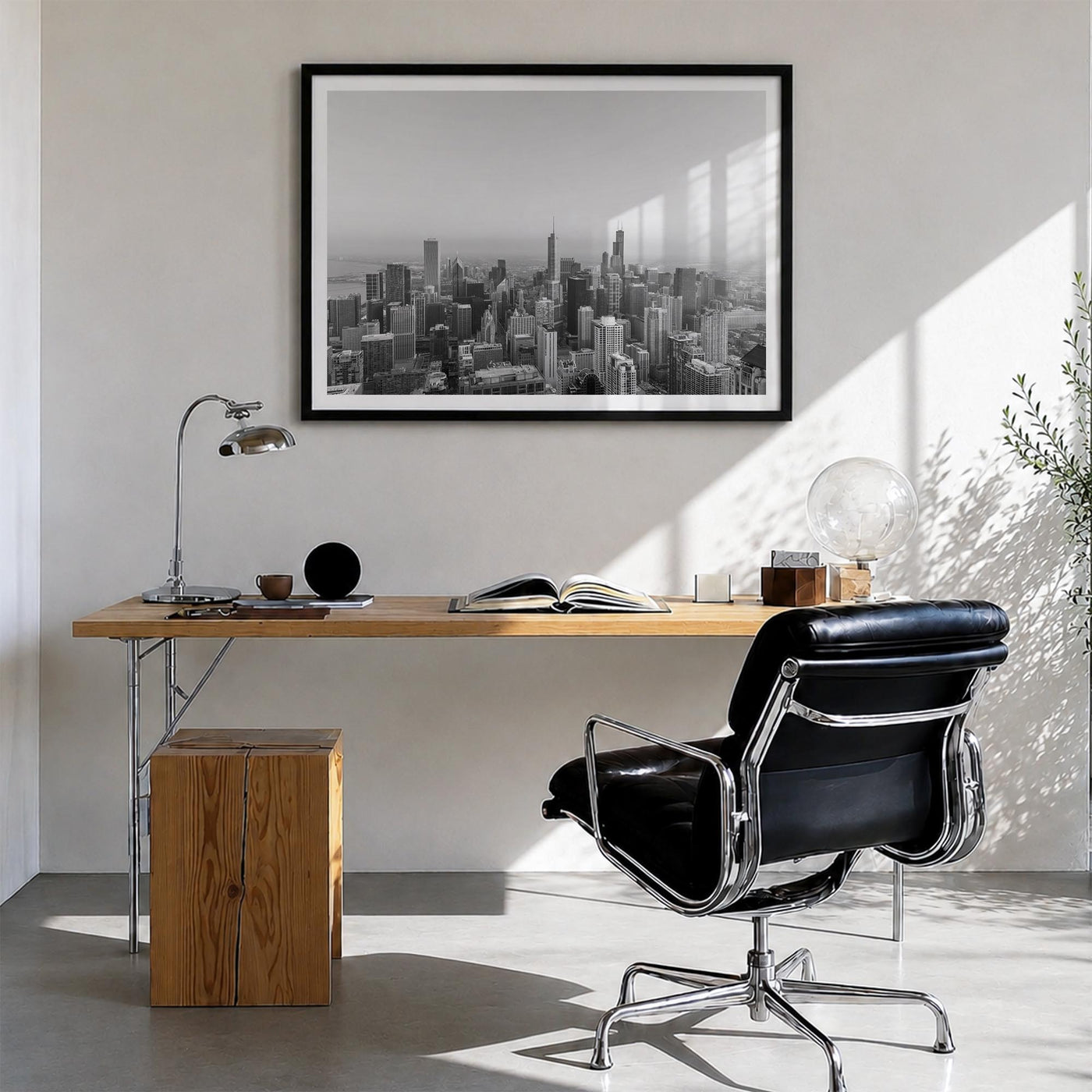 Chicago no. 1 black & white photo poster of Illinois, USA – horizontal wall art in black wood frame with white border, hangin