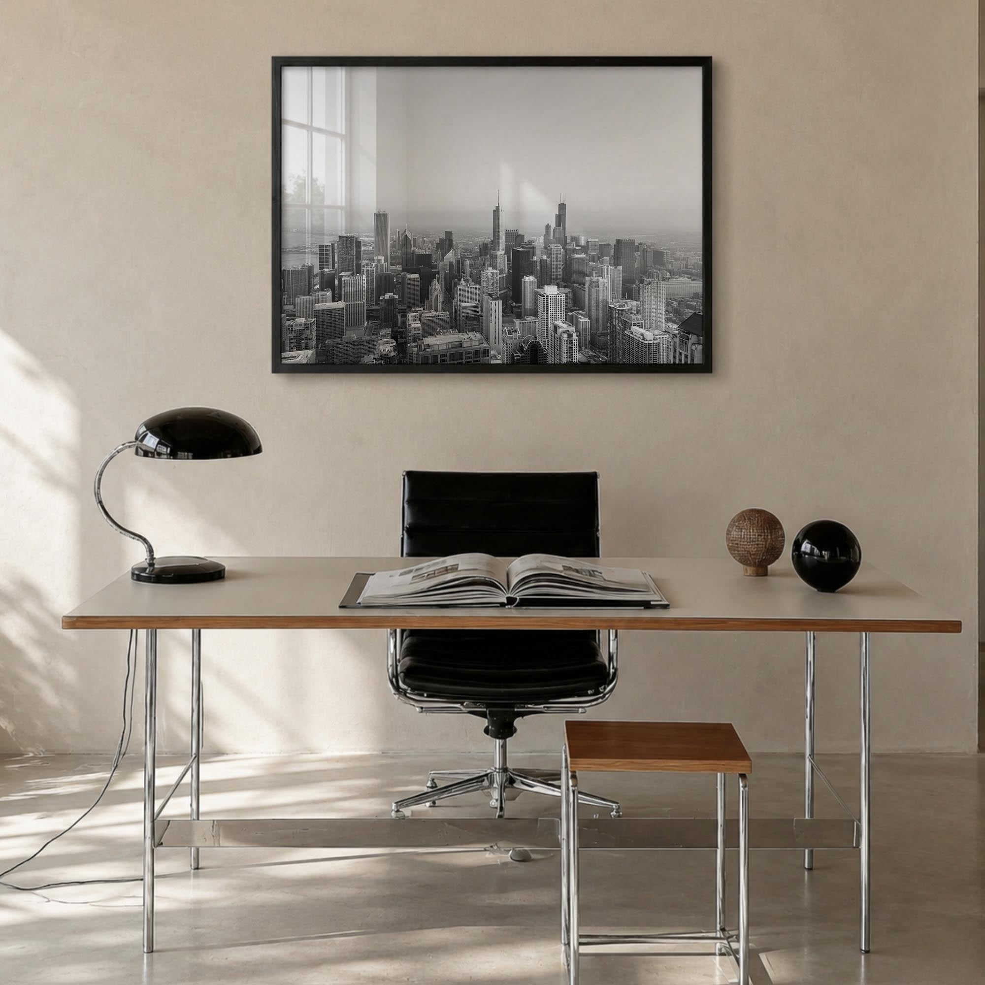 Chicago no. 1 black & white photo poster of Illinois, USA – horizontal wall art in black wood frame, hanging on wall