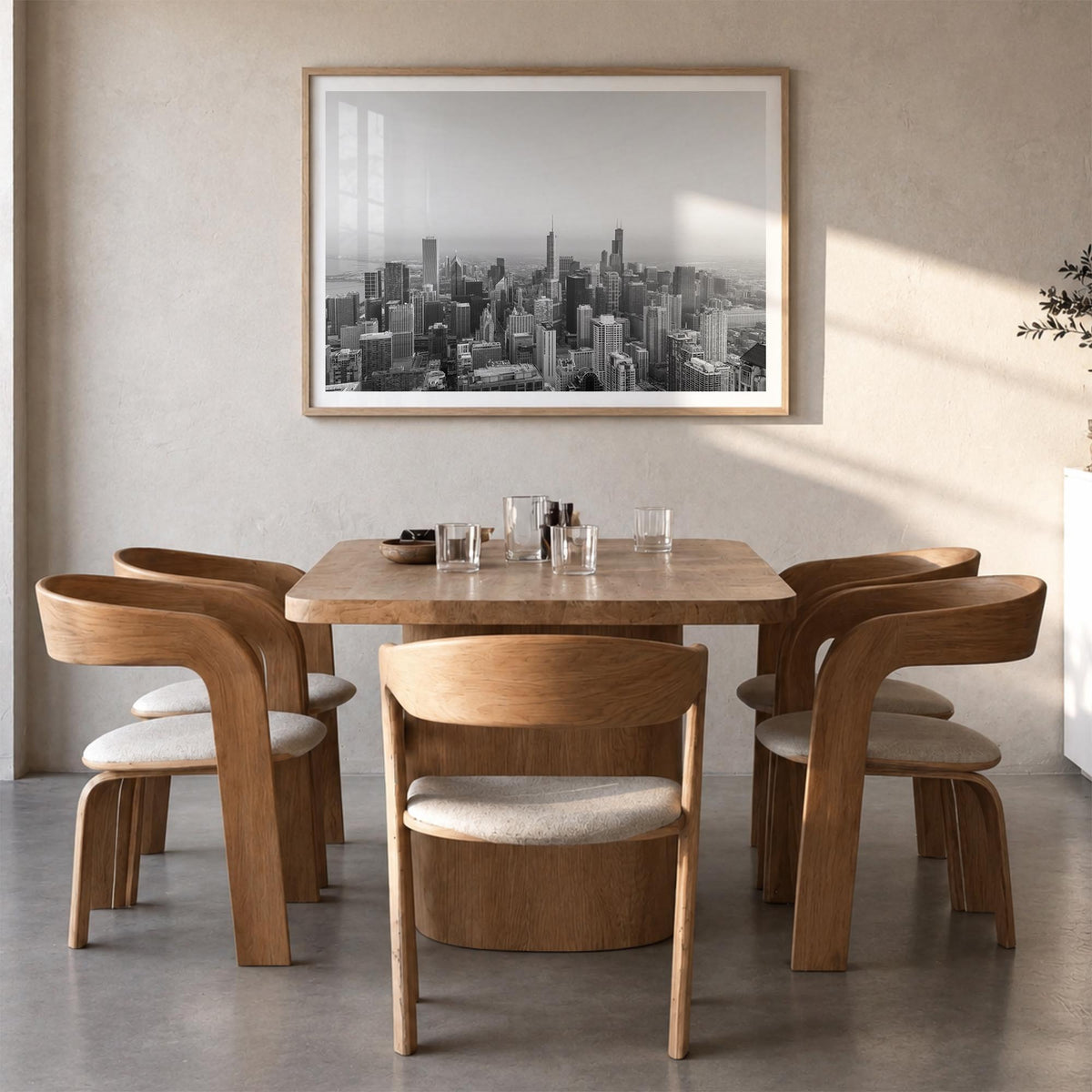 Chicago no. 1 black & white photo poster of Illinois, USA – horizontal wall art in natural wood frame with white border, hang