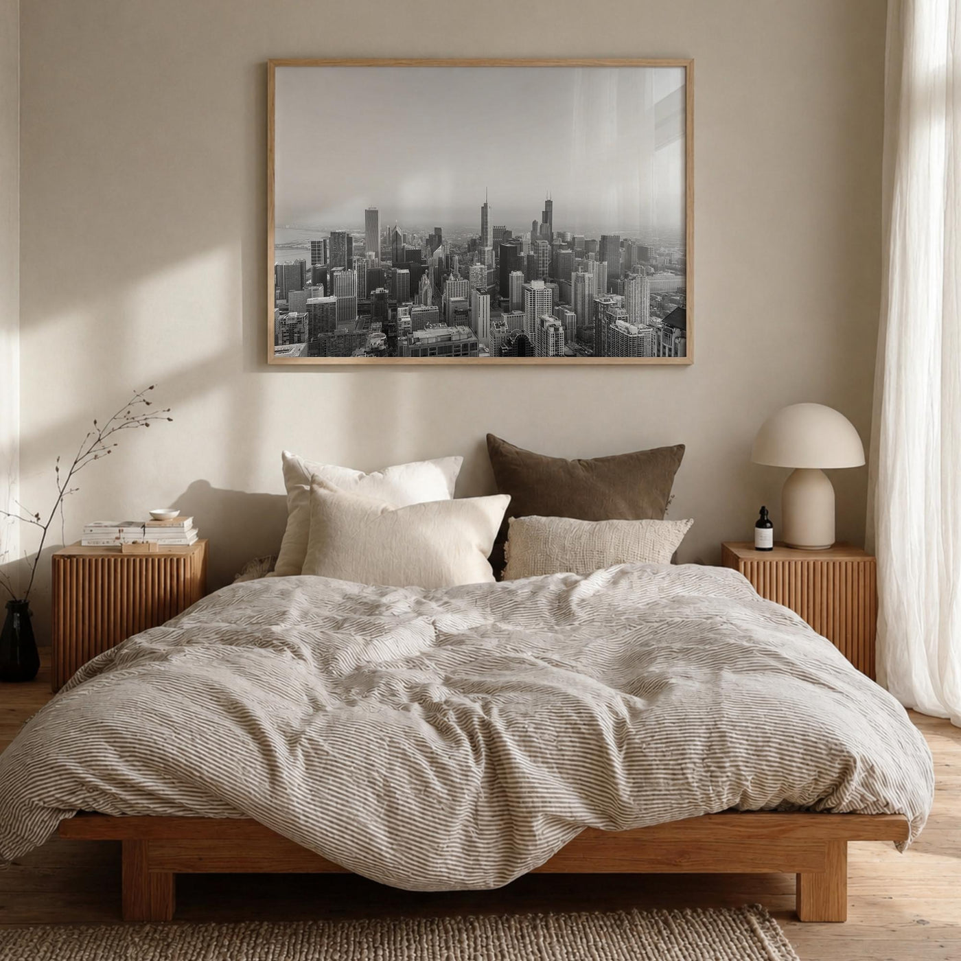 Chicago no. 1 black & white photo poster of Illinois, USA – horizontal wall art in natural wood frame, hanging on wall