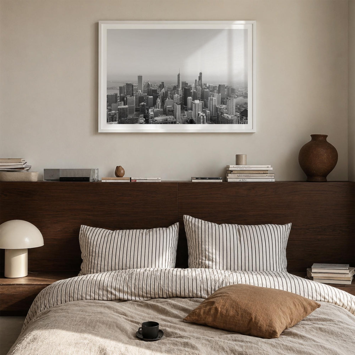 Chicago no. 1 black & white photo poster of Illinois, USA – horizontal wall art in white wood frame with white border, hangin