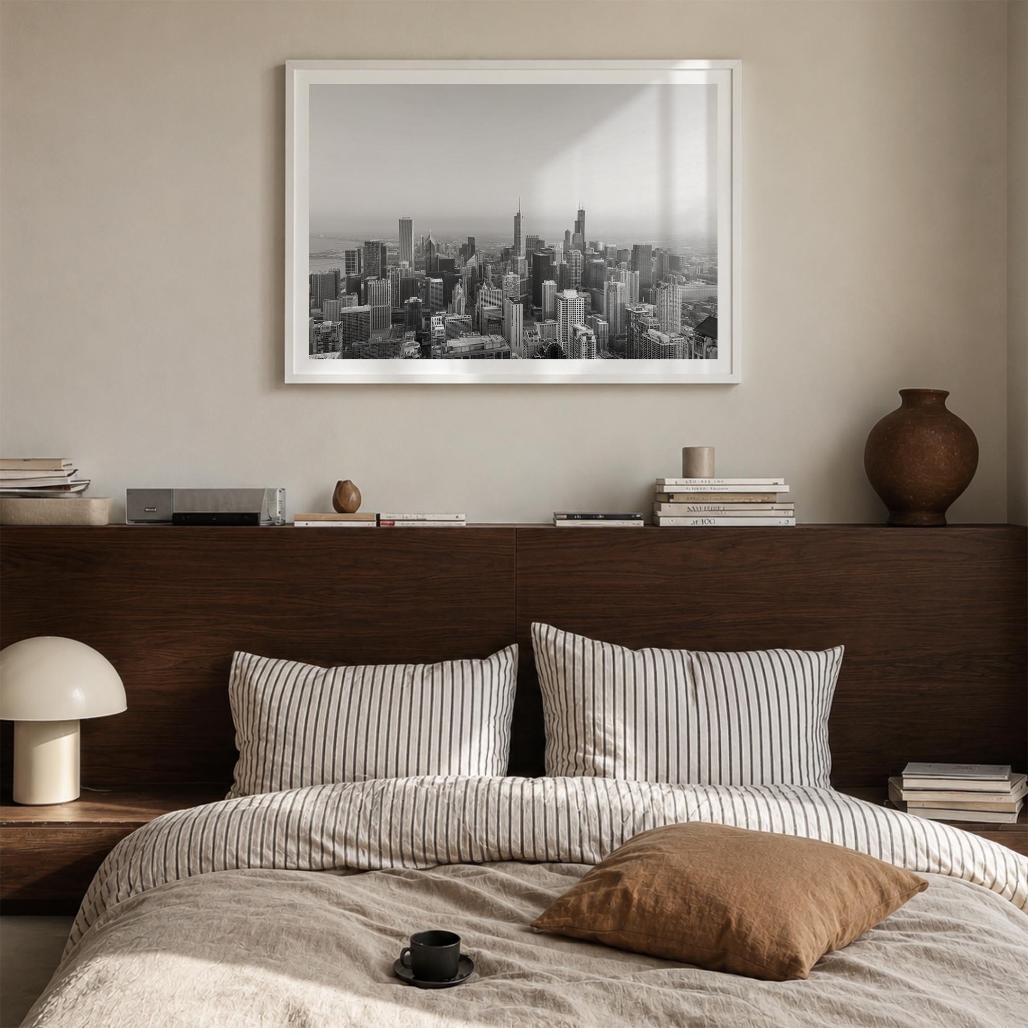 Chicago no. 1 black & white photo poster of Illinois, USA – horizontal wall art in white wood frame with white border, hangin