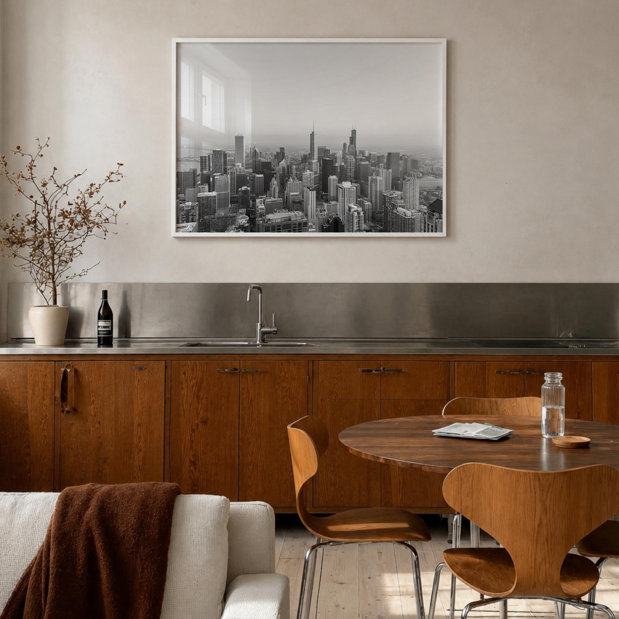 Chicago no. 1 black & white photo poster of Illinois, USA – horizontal wall art in white wood frame, hanging on wall