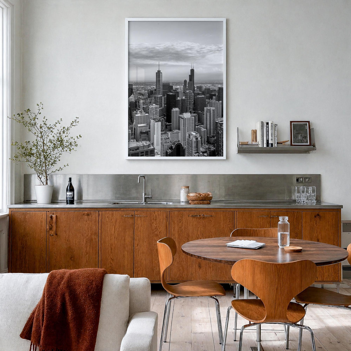 Chicago no. 1 black & white photo poster of Illinois, USA – vertical wall art in white wood frame, hanging on wall