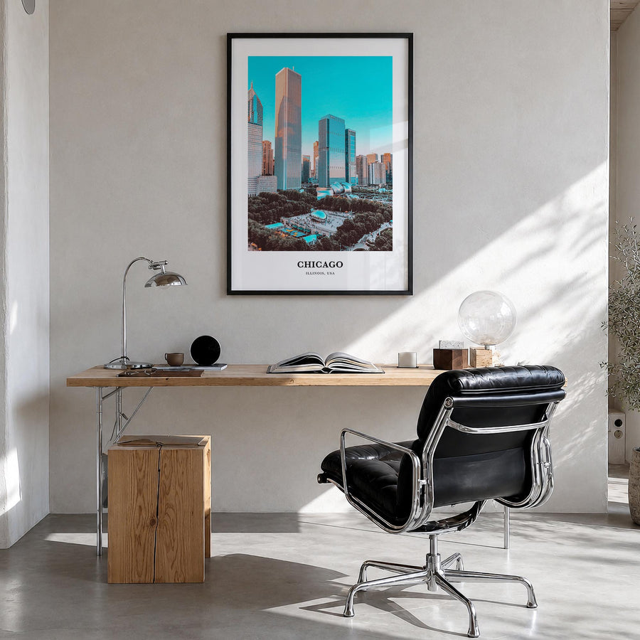 Chicago no. 1 colorful classic poster of Illinois, USA – vertical wall art in black wood frame, hanging on wall