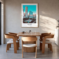 Chicago no. 1 colorful classic poster of Illinois, USA – vertical wall art in natural wood frame, hanging on wall