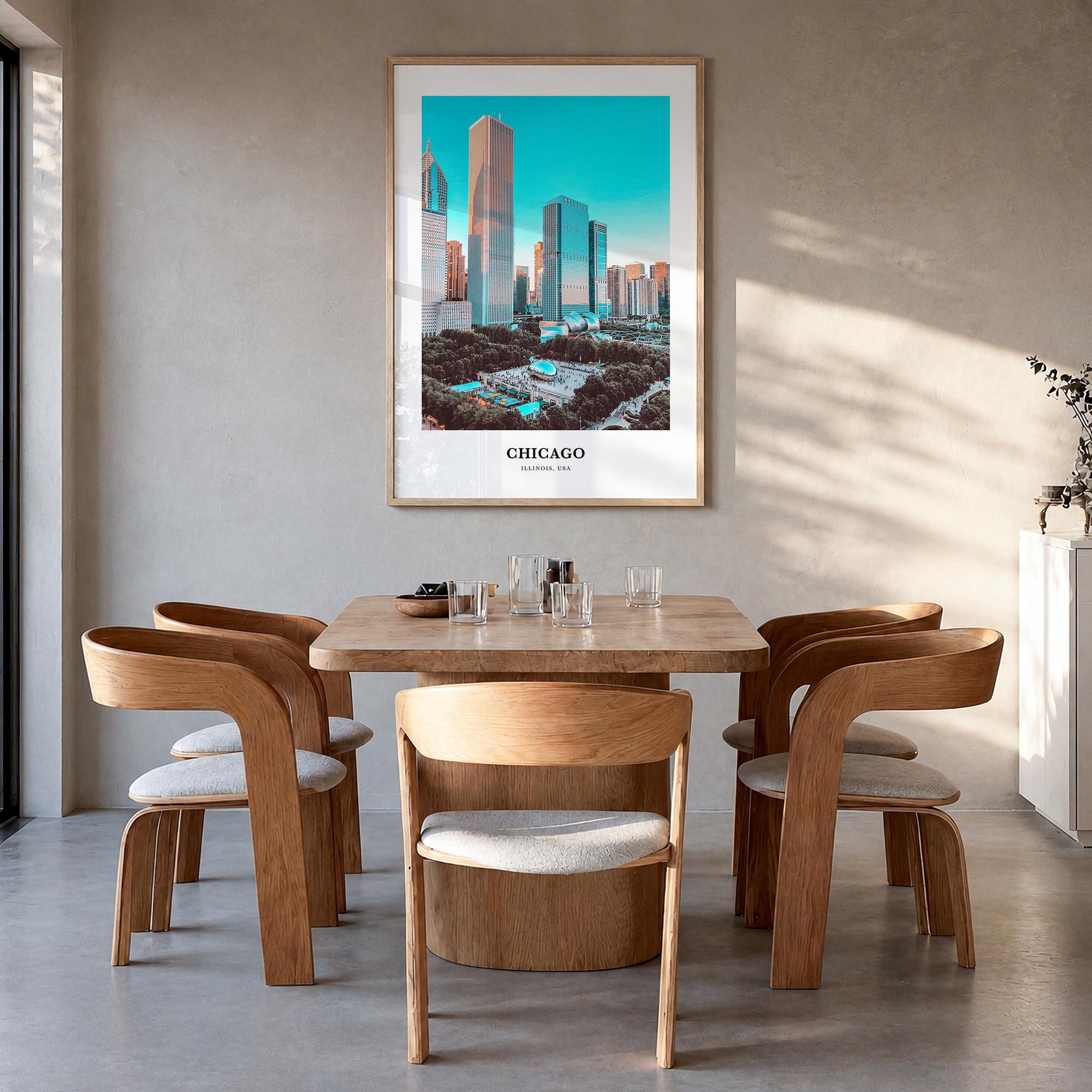 Chicago no. 1 colorful classic poster of Illinois, USA – vertical wall art in natural wood frame, hanging on wall
