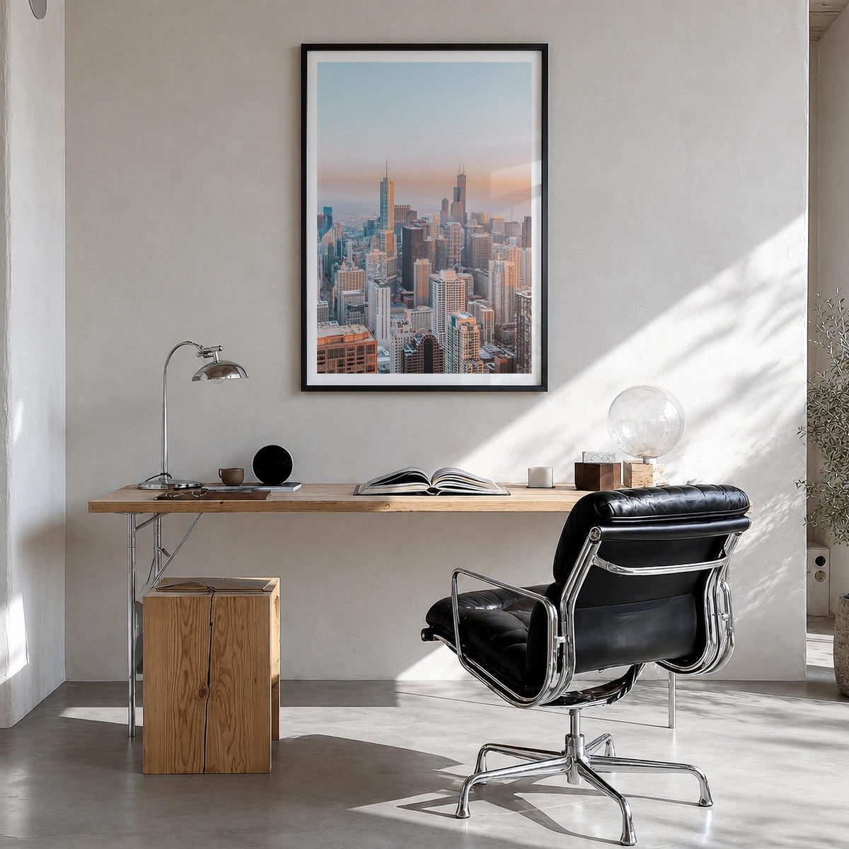 Chicago no. 1 colorful photo poster of Illinois, USA – vertical wall art in black wood frame with white border, hanging on wa