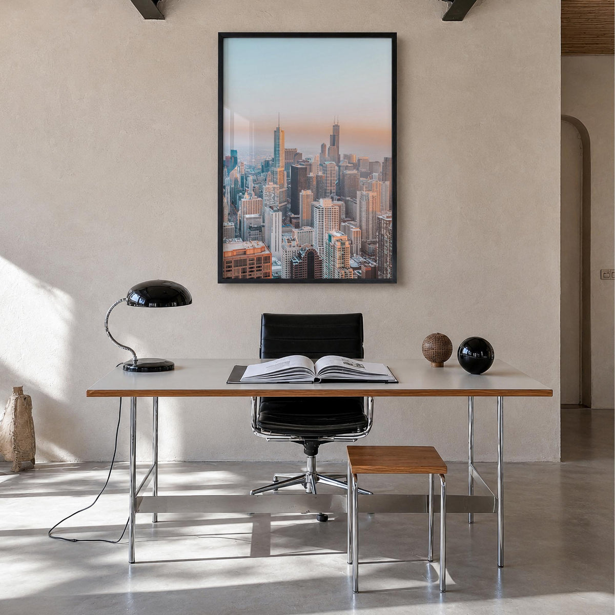 Chicago no. 1 colorful photo poster of Illinois, USA – vertical wall art in black wood frame, hanging on wall