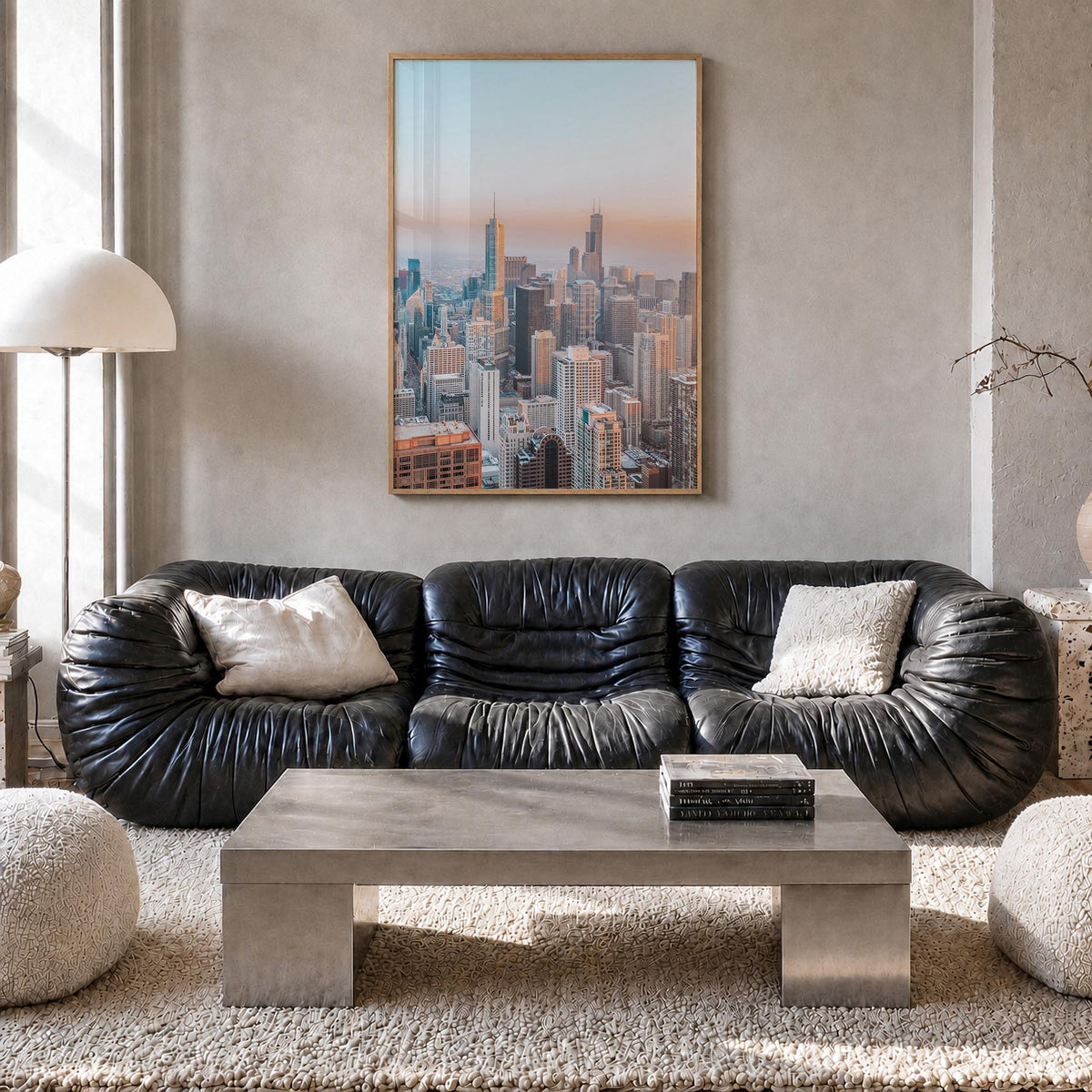 Chicago no. 1 colorful photo poster of Illinois, USA – vertical wall art in natural wood frame, hanging on wall