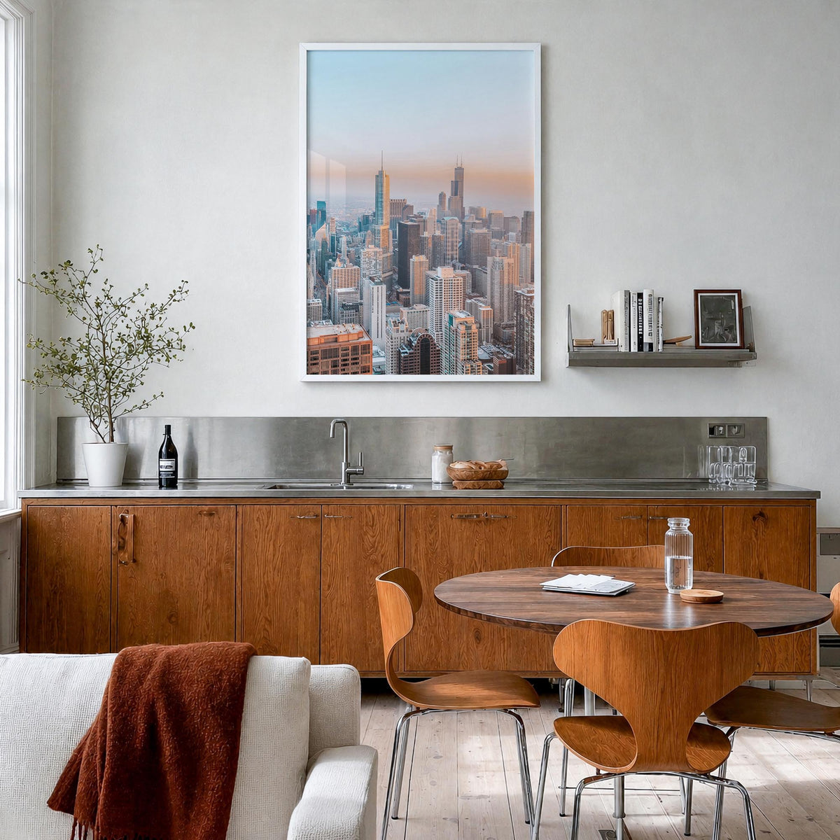 Chicago no. 1 colorful photo poster of Illinois, USA – vertical wall art in white wood frame, hanging on wall