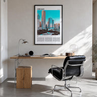 Chicago no. 1 colorful travel poster of Illinois, USA – vertical wall art in black wood frame, hanging on wall