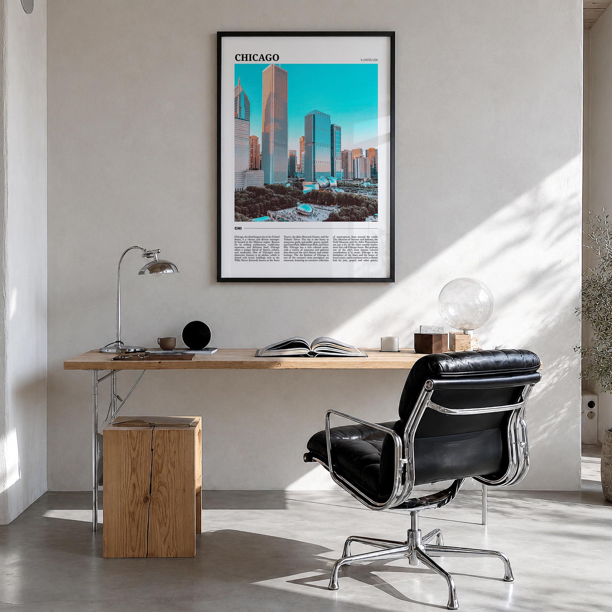 Chicago no. 1 colorful travel poster of Illinois, USA – vertical wall art in black wood frame, hanging on wall