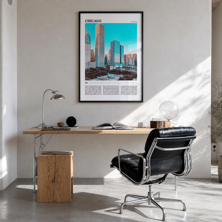 Chicago no. 1 colorful travel poster of Illinois, USA – vertical wall art in black wood frame, hanging on wall