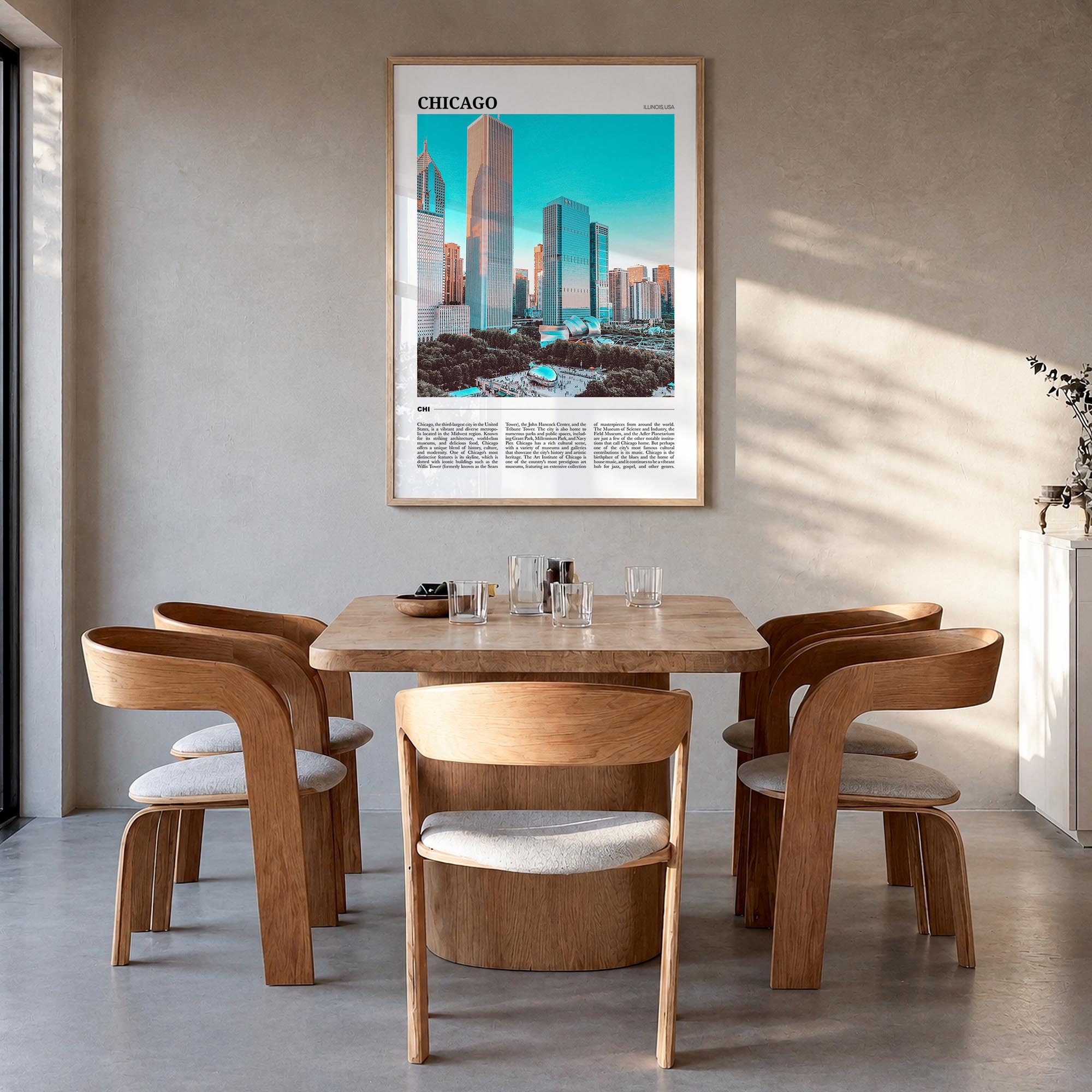 Chicago no. 1 colorful travel poster of Illinois, USA – vertical wall art in natural wood frame, hanging on wall
