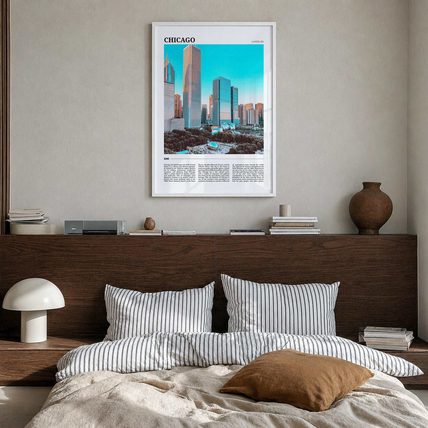 Chicago no. 1 colorful travel poster of Illinois, USA – vertical wall art in white wood frame, hanging on wall