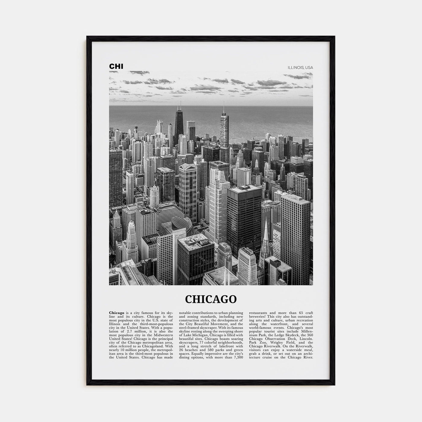 Chicago No 1 Poster Black Wood / 8x12 in Nbourhood Travel B&W Poster