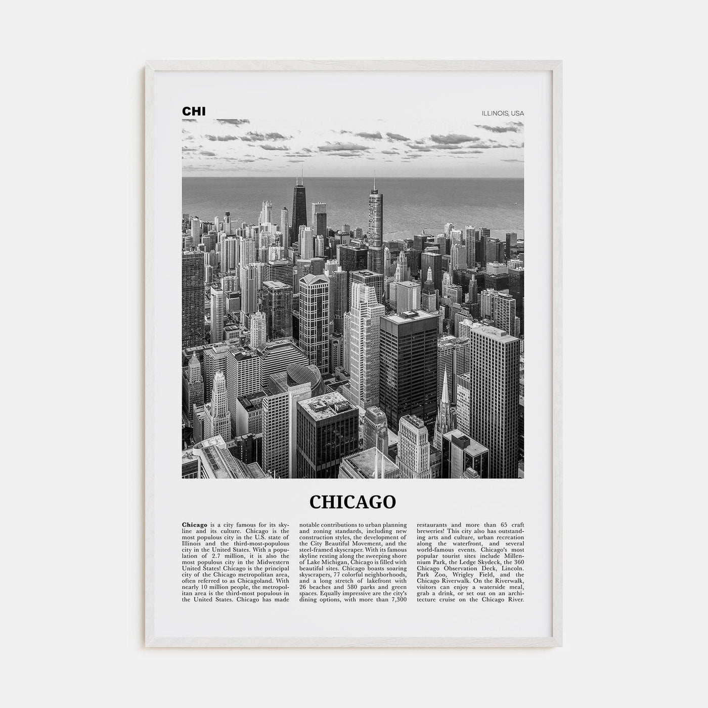 Chicago No 1 Poster White Wood / 8x12 in Nbourhood Travel B&W Poster