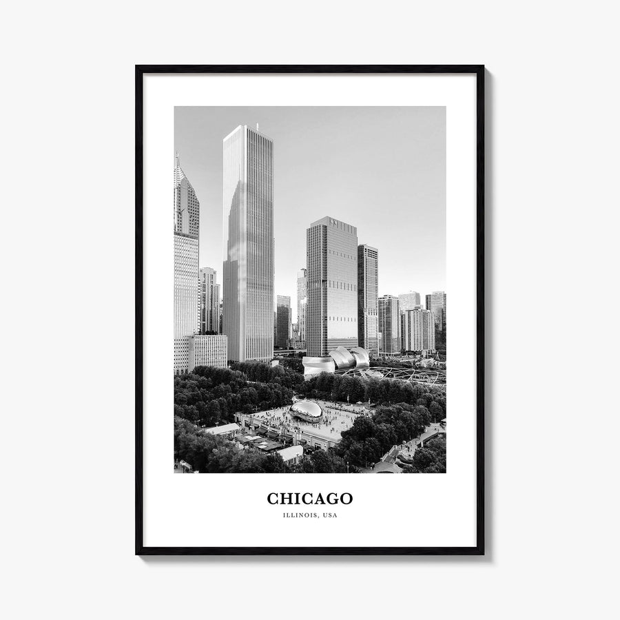 Chicago no. 2 black & white classic poster of Illinois, USA – vertical wall art, unframed print shown in interior mockup