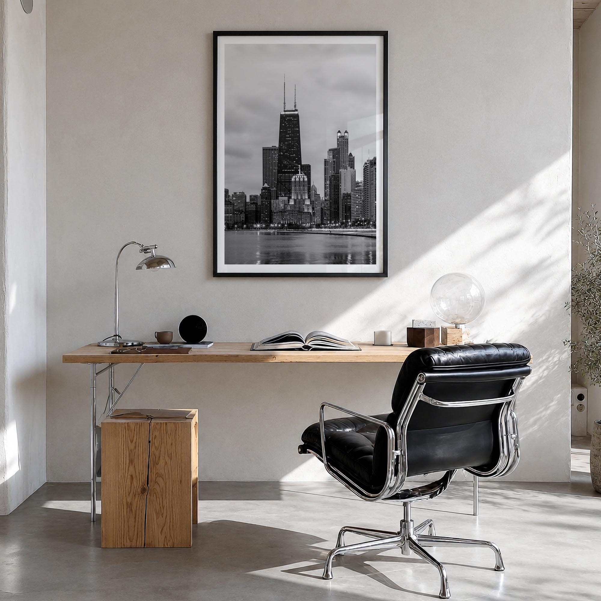 Chicago no. 2 black & white photo poster of Illinois, USA – vertical wall art in black wood frame with white border, hanging 