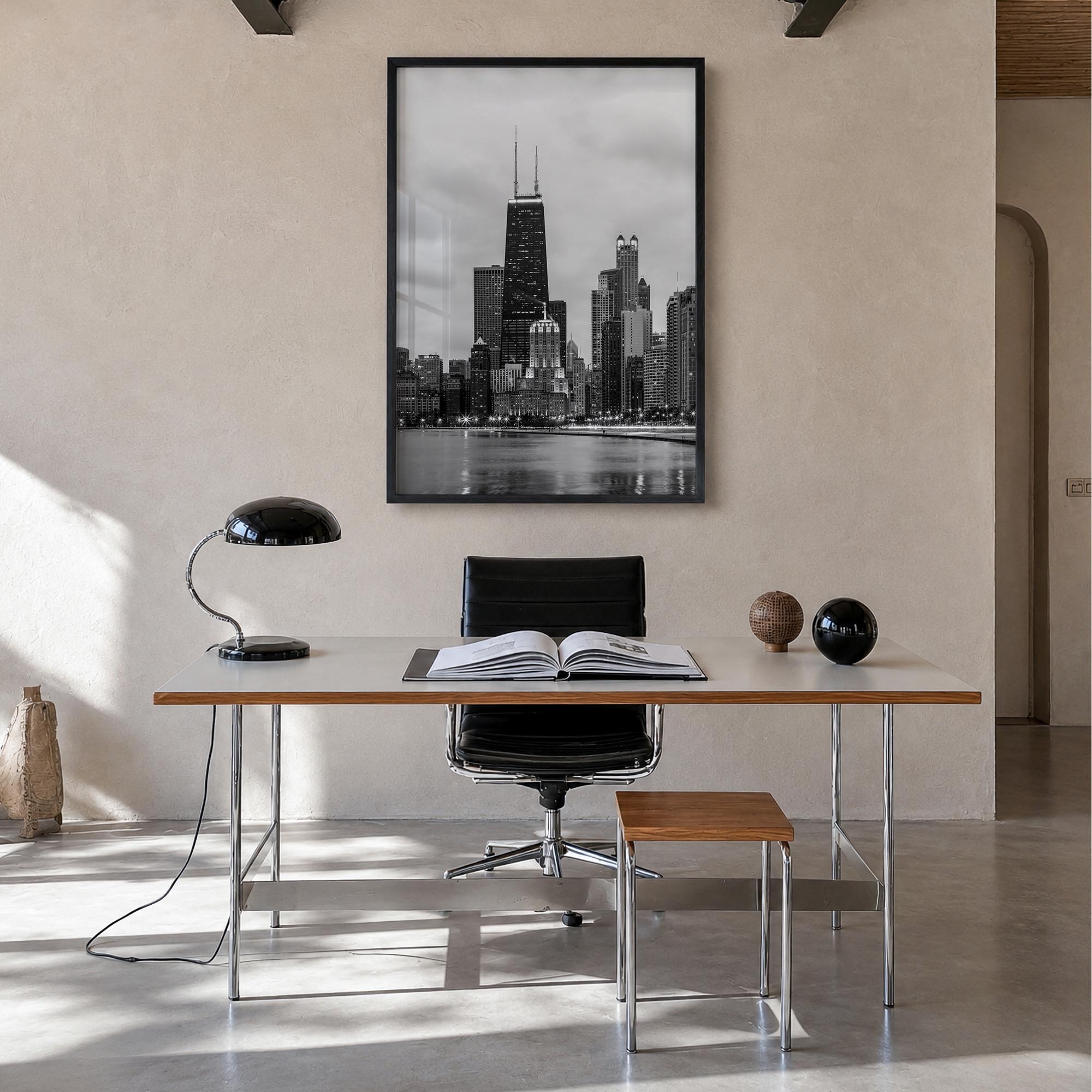 Chicago no. 2 black & white photo poster of Illinois, USA – vertical wall art in black wood frame, hanging on wall