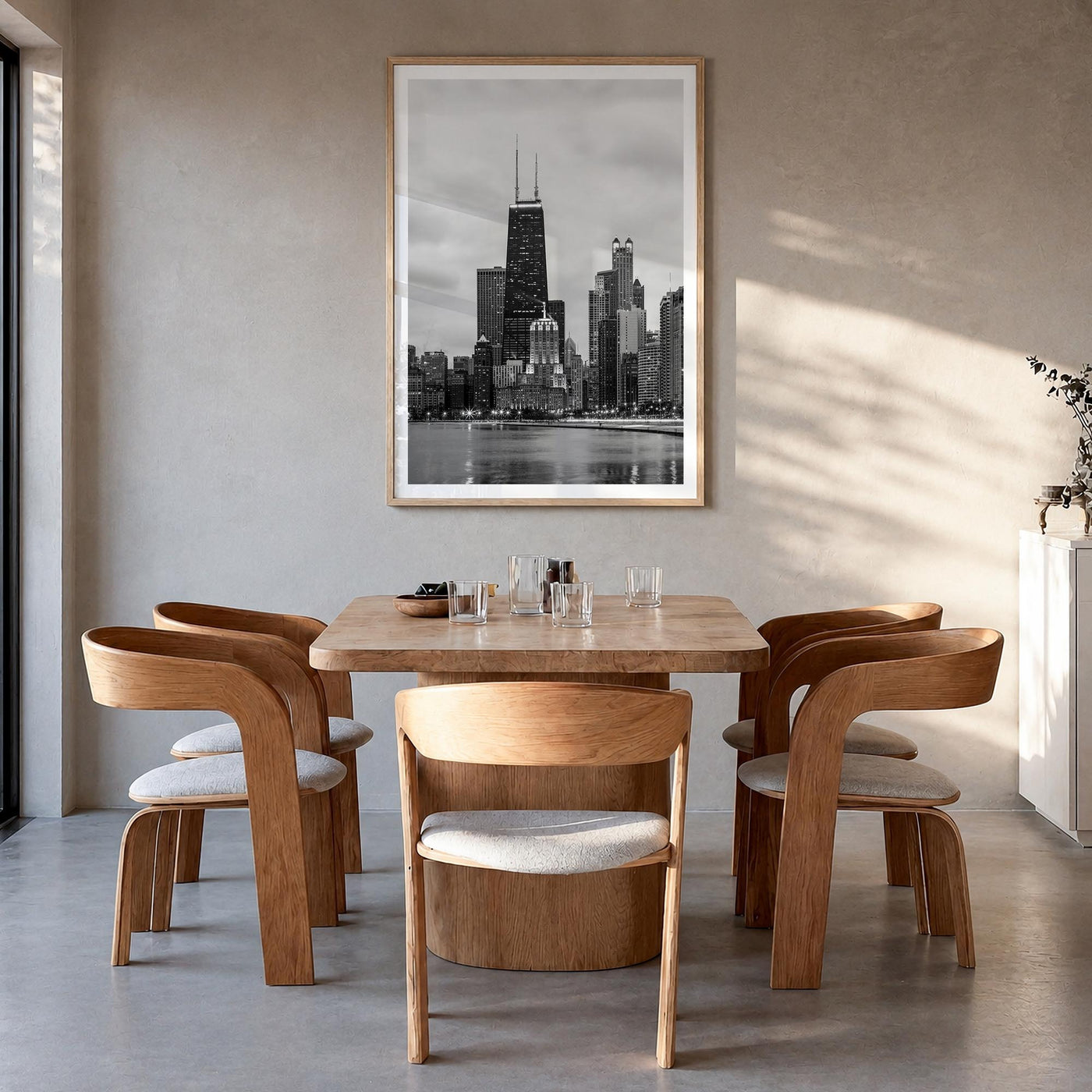 Chicago no. 2 black & white photo poster of Illinois, USA – vertical wall art in natural wood frame with white border, hangin