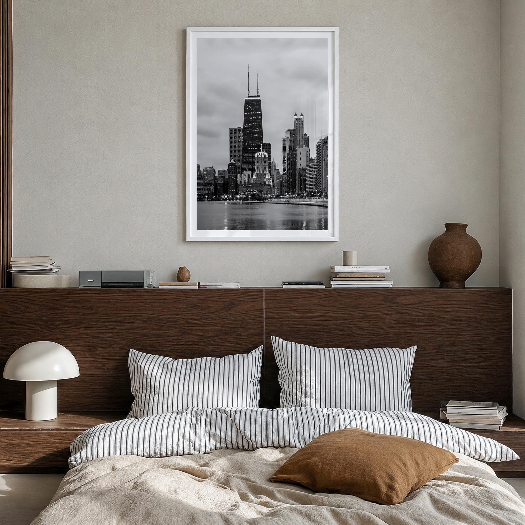 Chicago no. 2 black & white photo poster of Illinois, USA – vertical wall art in white wood frame with white border, hanging 