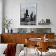 Chicago no. 2 black & white photo poster of Illinois, USA – vertical wall art in white wood frame, hanging on wall