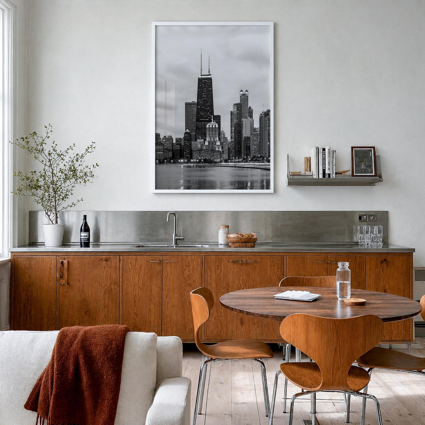 Chicago no. 2 black & white photo poster of Illinois, USA – vertical wall art in white wood frame, hanging on wall