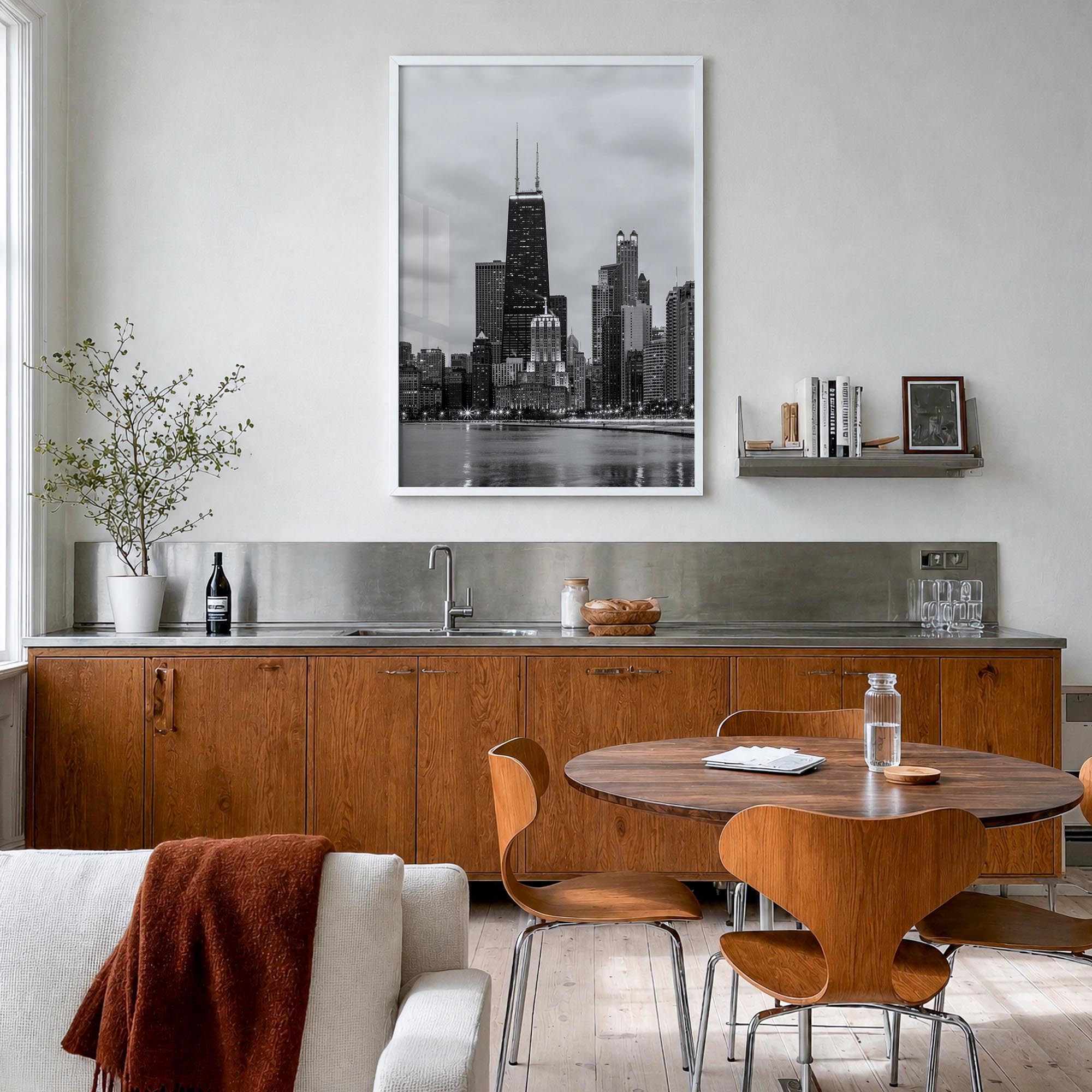 Chicago no. 2 black & white photo poster of Illinois, USA – vertical wall art in white wood frame, hanging on wall