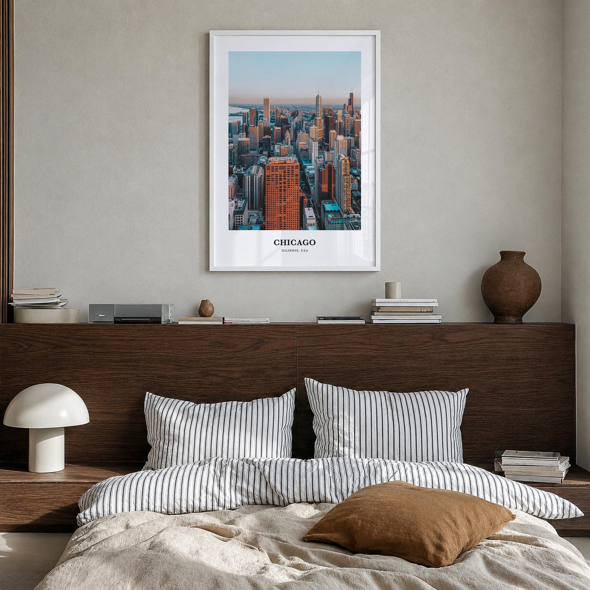 Chicago no. 2 colorful classic poster of Illinois, USA – vertical wall art in white wood frame, hanging on wall