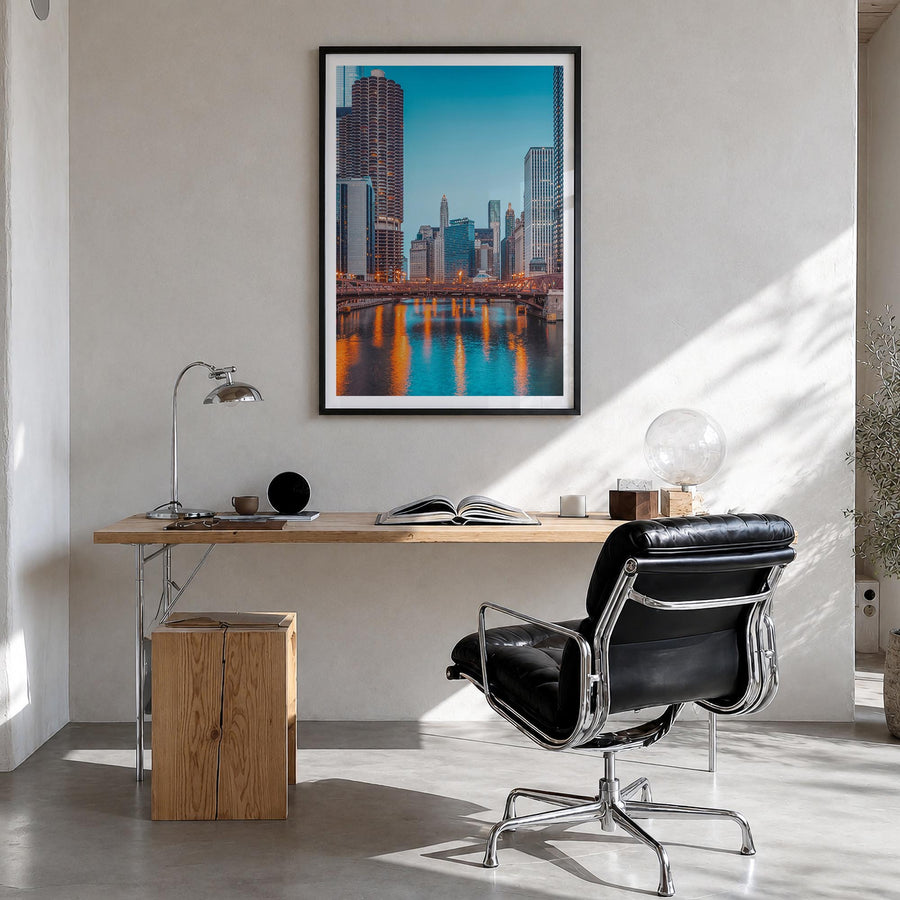 Chicago no. 2 colorful photo poster of Illinois, USA – vertical wall art in black wood frame with white border, hanging on wa