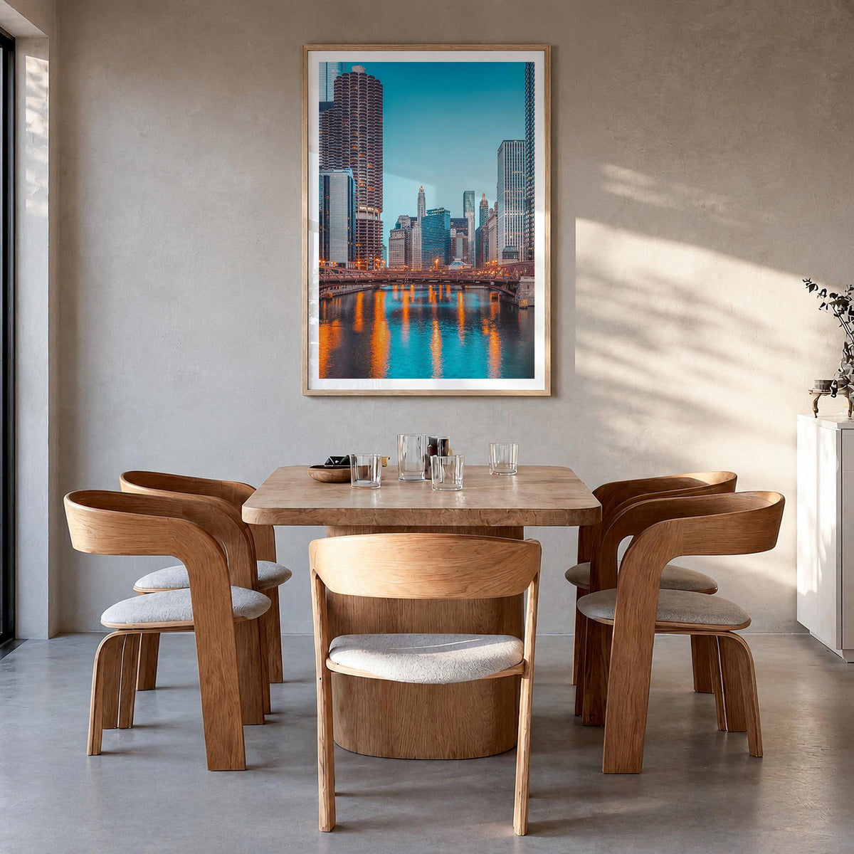 Chicago no. 2 colorful photo poster of Illinois, USA – vertical wall art in natural wood frame with white border, hanging on 