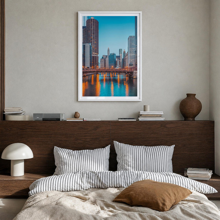 Chicago no. 2 colorful photo poster of Illinois, USA – vertical wall art in white wood frame with white border, hanging on wa