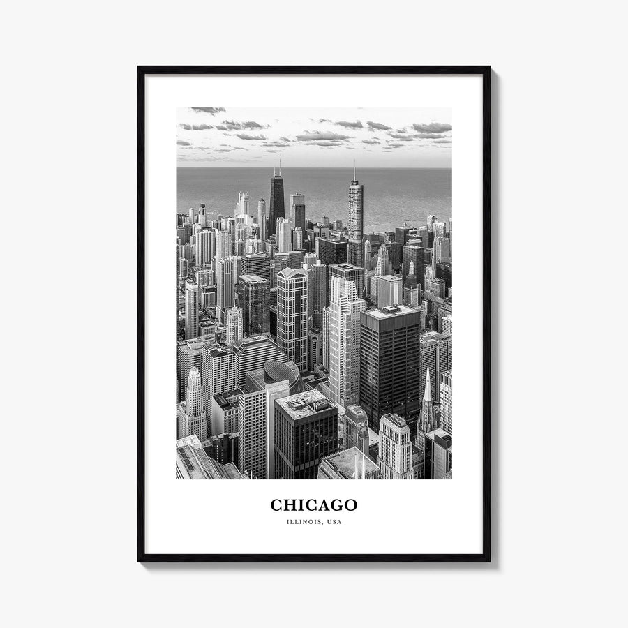 Chicago no. 3 black & white classic poster of Illinois, USA – vertical wall art, unframed print shown in interior mockup